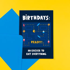 Carte d'anniversaire drôle de jeu d'arcade Pacman des années 80 - rigolote - nourriture - gâteau - anneaux de fête - bonbons - jeux image 1