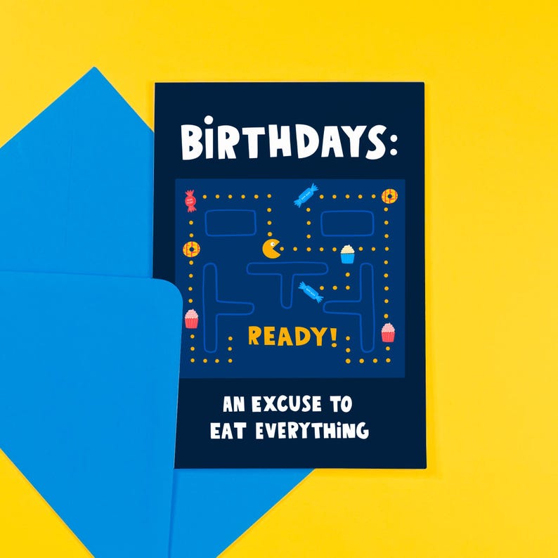 Carte d'anniversaire drôle de jeu d'arcade Pacman des années 80 - rigolote - nourriture - gâteau - anneaux de fête - bonbons - jeux image 1