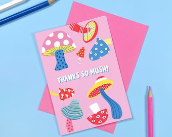 Carte Thanks So Mush - Champignons - Merci - Amusant - Humour - Mignon - Appréciation - Motifs - Champignon vénéneux - Plantes