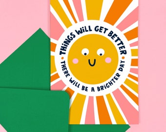 Brighter Day Get Well Soon Card - Mignon - Blessure - Malade - Sympathie - Humour - Malade - Mal - Drôle - Câlins - Envoi d'amour - Soleil - Positivité