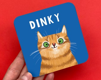 Personalised Cat Portrait Coaster - Kitten - Cute - Choose Colour - Choose Name