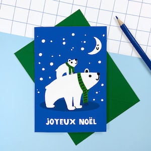 Polar Bear Christmas Card - Cute - Illustrated - Humour - Animals - Snow - Cub - Joyeux Noel - French - Moon