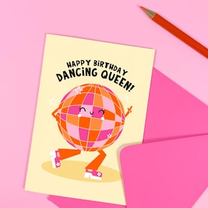Carte d'anniversaire reine dansante - mignonne - illustrée - boule disco - Abba - fête - musique