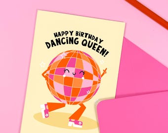 Carte d'anniversaire reine dansante - mignonne - illustrée - boule disco - Abba - fête - musique
