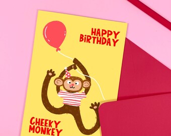 Carte d'anniversaire singe effronté - Amusante - Mignonne - Animaux - Enfants - Enfant - Ballon