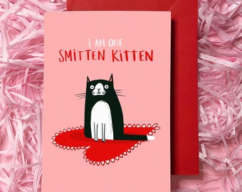 Smitten Kitten Card - Valentines - Anniversary - Love - Humour - Girlfriend - Boyfriend - Cat - Cute - Animal