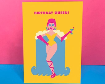 Birthday Queen Card - Funny - Rainbow - Humour - Drag - LGBTQ+ - Queen - Cocktail - Drag Queen - Fabulous