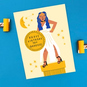 Carte d'anniversaire déesse - étoiles - lune - astrologie - drôle - humour - illustré - féminisme - célébration - occasion - fêtarde
