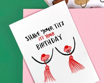 C'est votre carte d'anniversaire - Amusant - Seins - Poitrine - Tétons - Pompons - Illustration - Soutien-gorge - Girl Power - Fête - Célébration