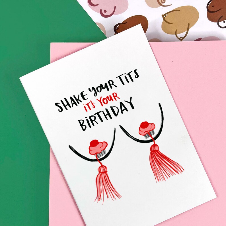 Shake Your Tits It's Your Birthday Card Funny Boobs Tits Nipple Tassels Illustrated Bra Girl Power Party Celebration image 1