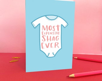 New Baby Card - Funny - Shag - Rude - Baby Grow - Illustrated - Humour - Greetings Card - Celebration - Occasion