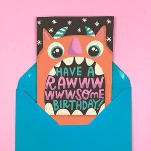 Carte d'anniversaire Rawsome - Amusante - Mignonne - Monstre - Animaux - Jeux de mots - Génial - Humour - Enfants - Rugissement image 1