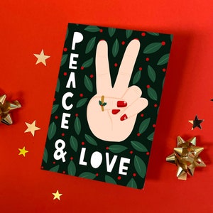 Peace and Love Christmas Card Funny Cute Illustrated Humour Hippy image 1