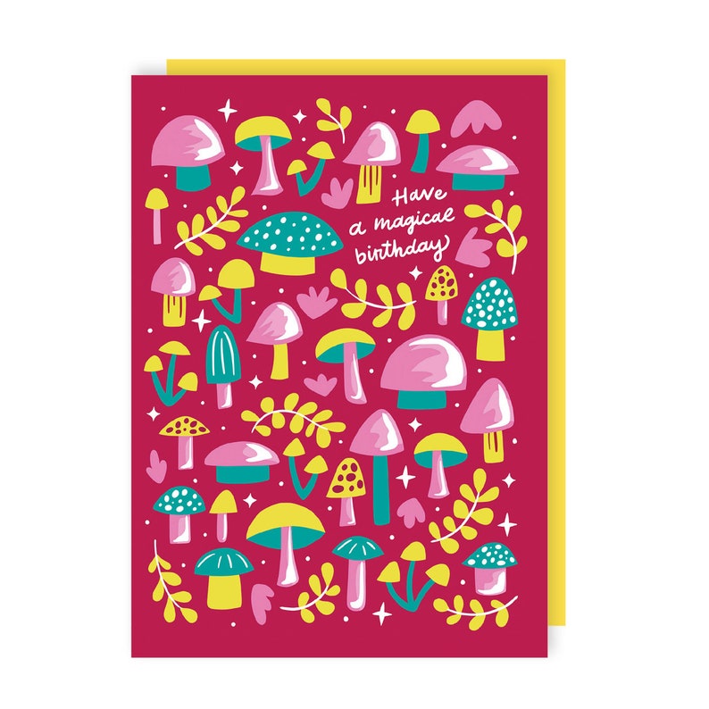 Carte d'anniversaire champignon magique - joyeux anniversaire - mignonne - plantes - fêter - floral - illustrée - magie image 2