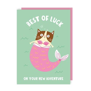 Carte porte-bonheur - sirène - chat - nouvelle aventure - bonne chance - départ - au revoir - félicitations - illustré - nouveau travail - mignon