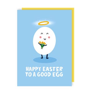 Carte Joyeuses Pâques oeuf - ange - mignon - illustré - fleurs - jonquilles