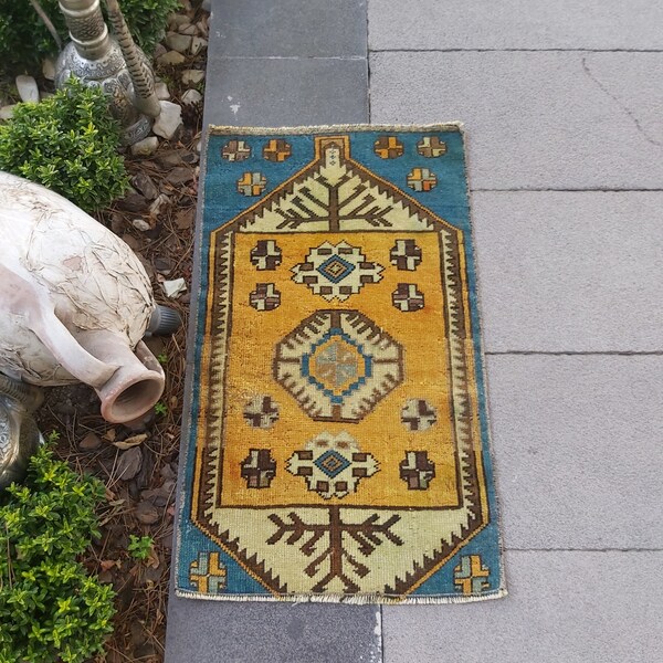 Petit tapis vintage , petit tapis Oushak , petit tapis turc, petit tapis d’entrée, petit tapis oriental, tapis de bain , tapis de porte bleu , 1,5 x 2,6 pi