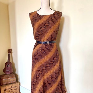 Vintage 90s Burnt Orange and Brown Snakeskin Print Asymmetrical Midi Shift Dress (1990s) Belt Not Included - Size 8