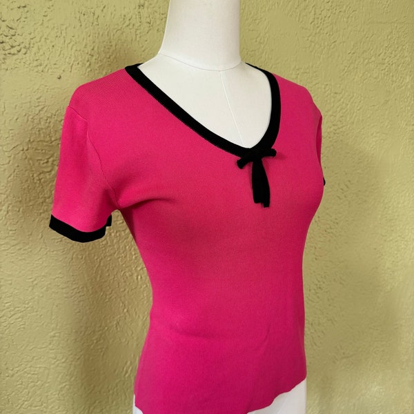 Vintage 90s Does 50s Retro Pin Up Barbie Pink Bow Blouse (1990s) - Medium/Large