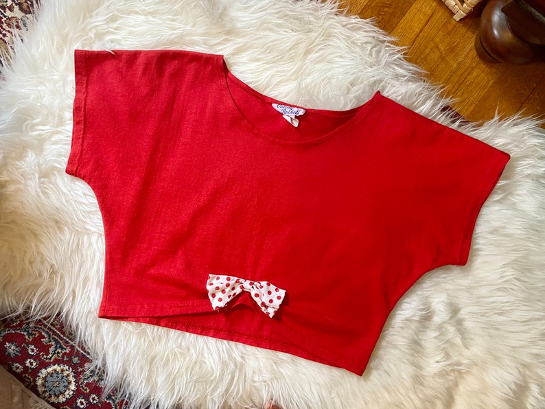 XSSmall 1980s Vintage 80s Polka Dot Bow Cropped Top