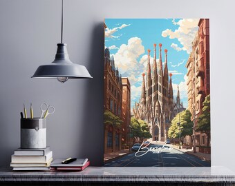 Barcelona Spain Travel Poster of Barcelona Streets, Digital art of Barcelona Street with La Sagrade Familia Colorful Illustration of Spain