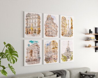 Set of 6 Paris Wall Art Canvas, Travel Print Paris Colorful Travel Canvas Art Set, Paris Watercolor Street Wall Art Set
