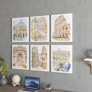 Set of 6 Rome Wall Art Canvas, Travel Print Rome Colorful Travel Canvas Art Set, Rome Watercolor Street Wall Art Set