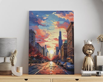 Chicago Travel Poster, Illstration of Chicago Streets of United States, Gift For Travelers, Chicago Street Poster Wrapped Canvas Frames