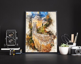 Great Wall Watercolor, Great Wall Art Print, Watercolor Cityscape, Home Decor Wall Art, Great Wall China City View Painting Print Ready