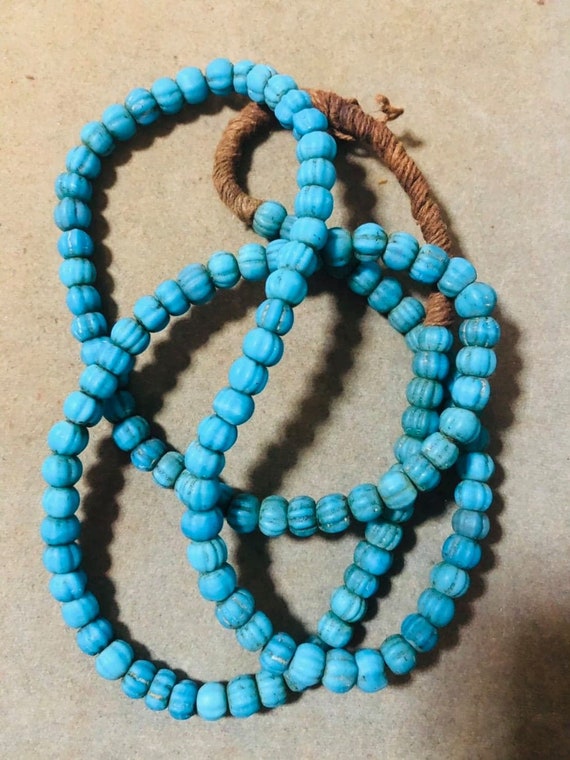 Ancient NAGA Land Tribe Ethnic Very Old Turquoise Melon Glass Bead Necklace 