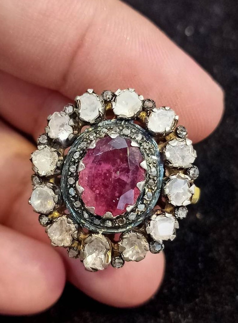 Stunning Sparkilng Uncut diamond Natural Ruby Gold Sterling Silver ring Gorgeous