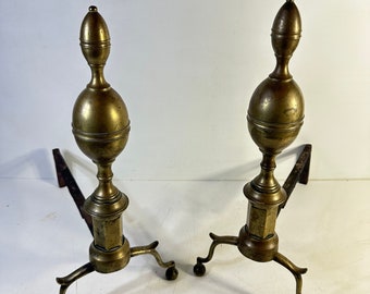 set of 2 Antique primitive Brass and wrought Iron Fireplace Andirons double lemon early 1800s Amazing Decor