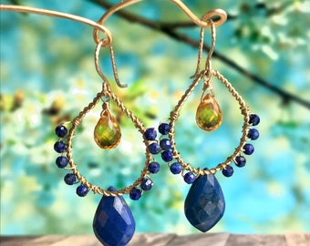 Designer “Blossom” earrings in gold filled, yellow quartz and lapis lazuli