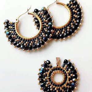 Artisanal hoop earrings made from Bohemian and Miyuki glass bead weaving, Christmas gift for women, gold, bronze image 6