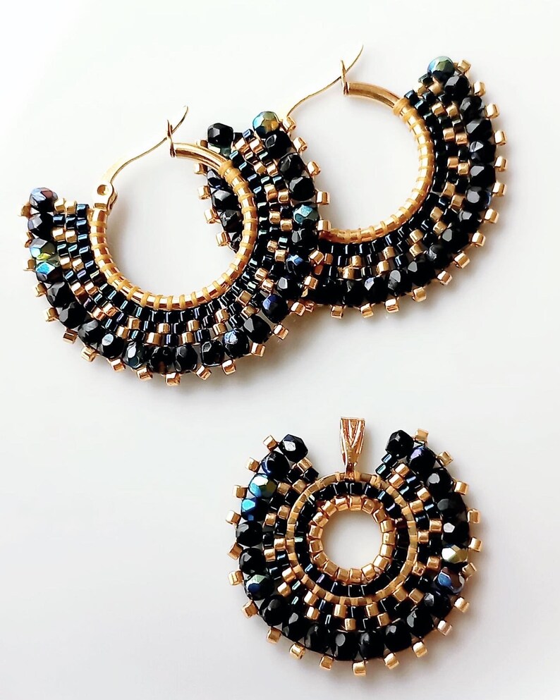 Artisanal hoop earrings made from Bohemian and Miyuki glass bead weaving, Christmas gift for women, gold, bronze image 6