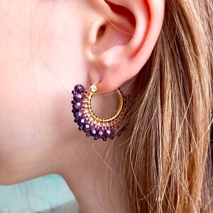 Artisanal hoop earrings made from Bohemian and Miyuki glass bead weaving, Christmas gift for women, gold, bronze image 3