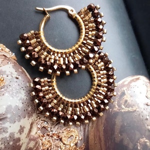 Artisanal hoop earrings made from Bohemian and Miyuki glass bead weaving, Christmas gift for women, gold, bronze image 2