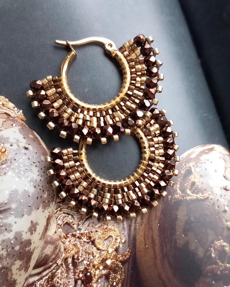 Artisanal hoop earrings made from Bohemian and Miyuki glass bead weaving, Christmas gift for women, gold, bronze image 2