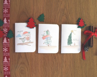 Set of 6 Christmas greeting cards, watercolor drawing, vegan friendly recycled material