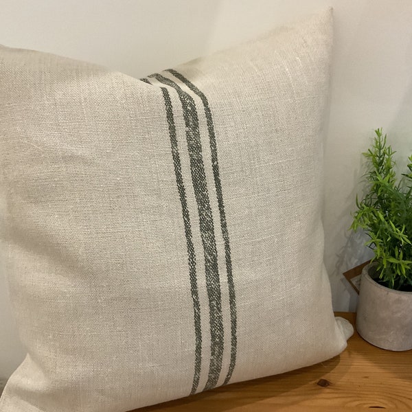 Cushion Cover - Peony and Sage- Dutch multi stripe grainsack 45cm x 45cm