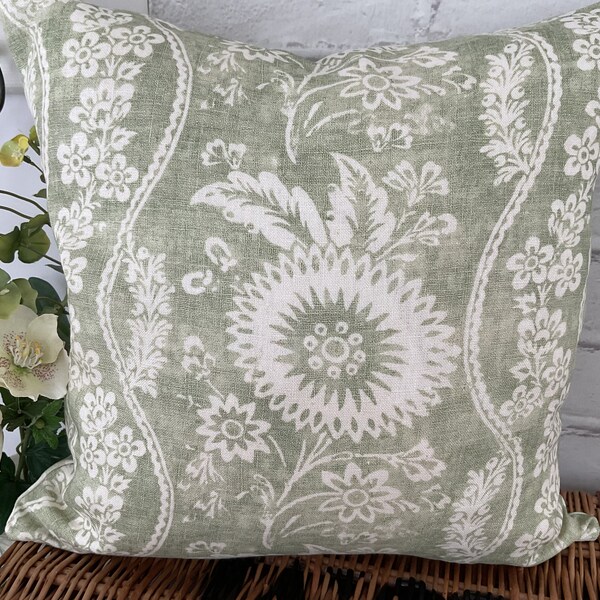 Peony and Sage Sienna Linen cushion cover with a check linen reverse