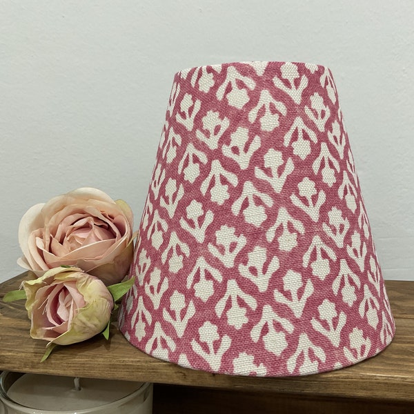 Pretty Candle Clip lampshade in Peony and Sage Gozo Tuscan Red linen