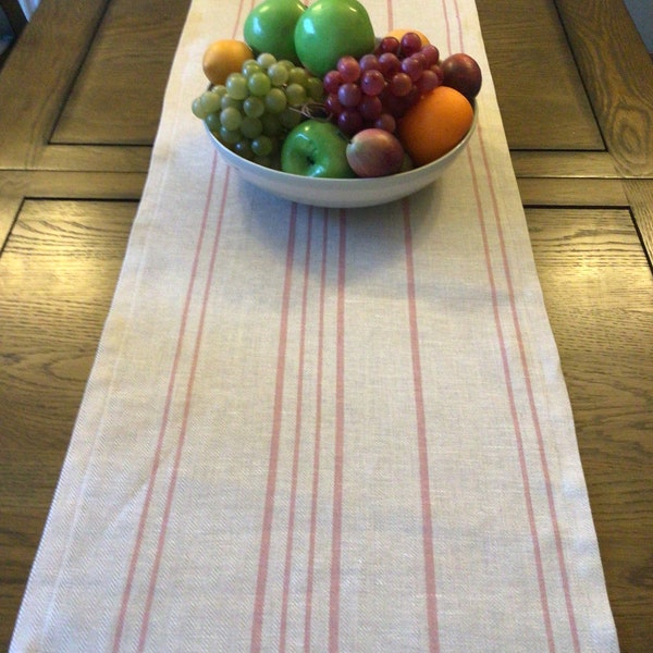 Linen pink on stone Ticking Stripe Table runner in Peony & Sage Herringbone linen. Linen table runner,