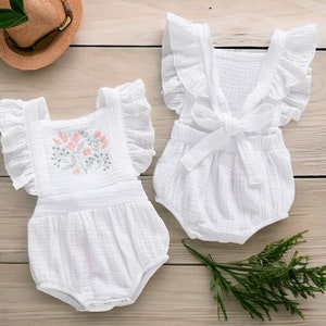 Baby Girl White Bubble Romper, Cotton Spring Ruffle Jumper, Sleeveless Summer Romper With Bow, Baby Shower Gifts, Embroidery Baby Romper