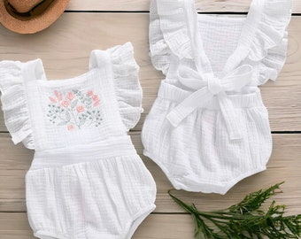 Baby Girl White Bubble Romper, Cotton Spring Ruffle Jumper, Sleeveless Summer Romper With Bow, Baby Shower Gifts, Embroidery Baby Romper