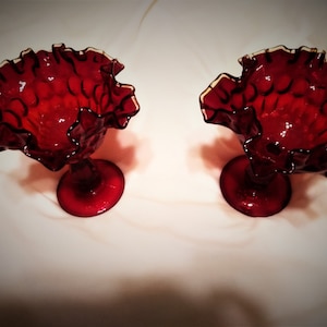 Vintage Ruby Red Fenton Thumb Print Ruffled Compote