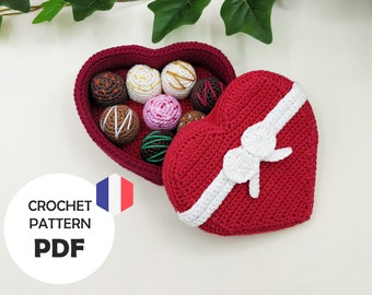Crochet Valentine's Day heart-shaped box pattern with small chocolates (PDF FR)