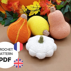 Small crochet squash patterns for play kitchen (PDF FR ENG), butternut squash, pattypan squash, pumpkin and spaghetti squash