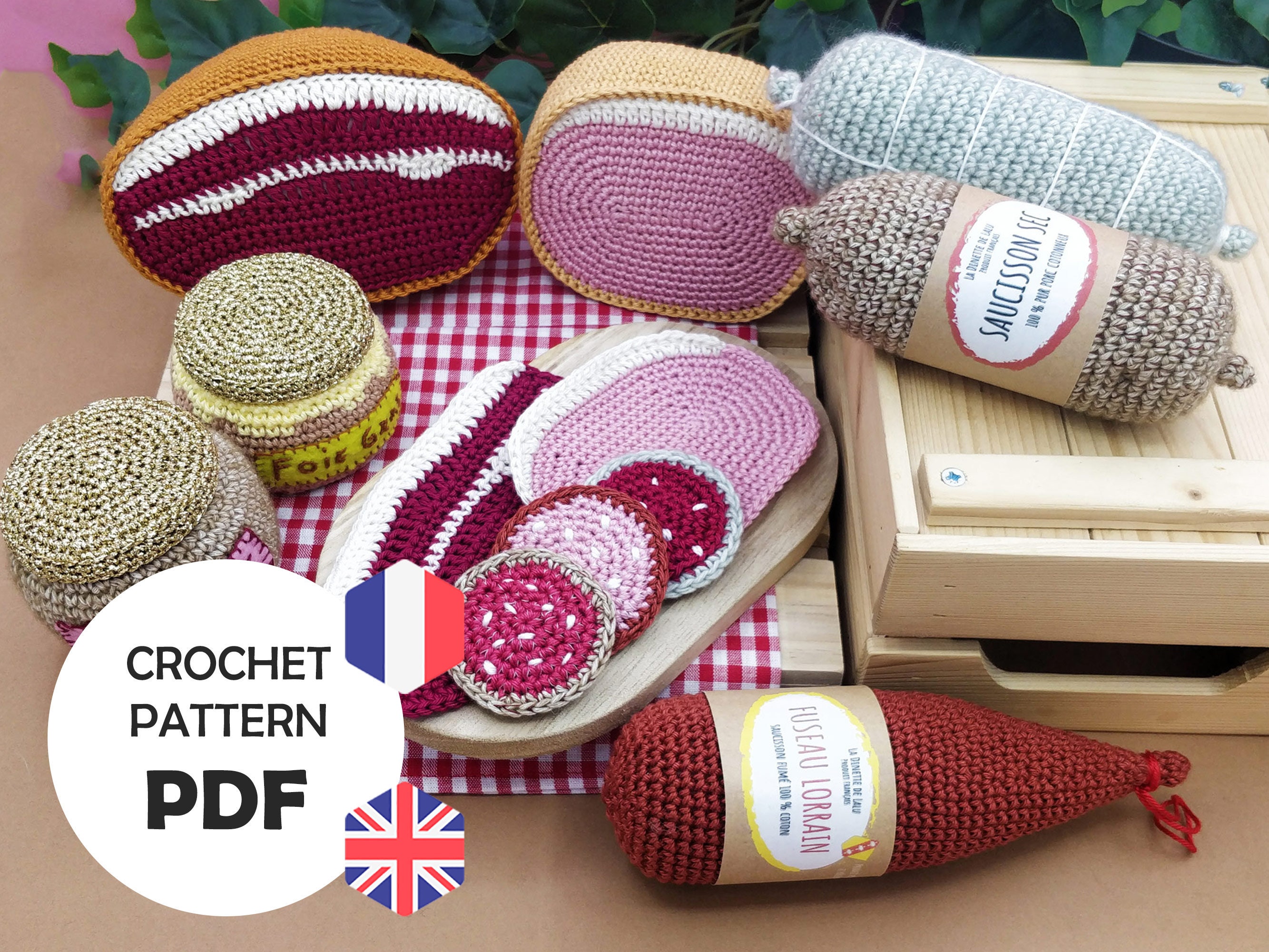 Crochet Charcuterie Pattern (PDF FR/ENG), Sausage and Ham for Play