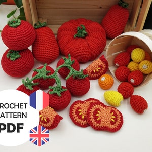 Crochet tomato pattern (PDF FR/ENG), several varieties of tomato for crochet play kitchen